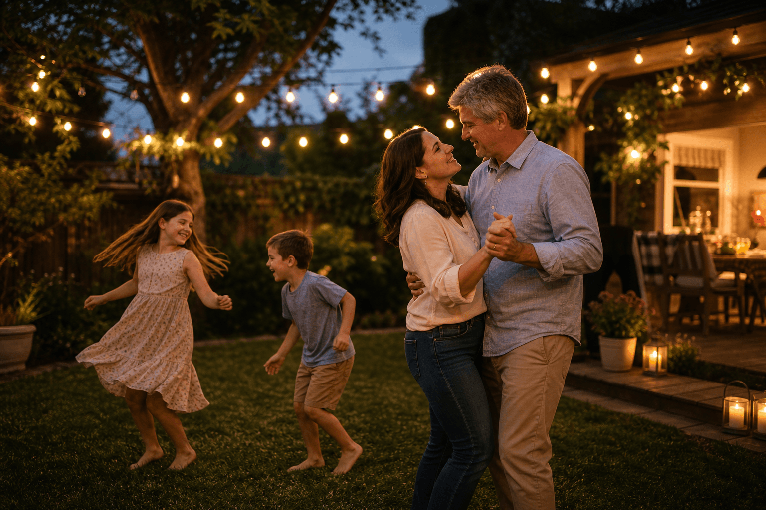 A family dancing together under warm backyard lights, enjoying peace of mind